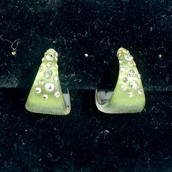 ALEXIS BITTAR  Army Olive Green Rhinestone Crystal Studded Lucite Hoop Earrings - Picture 3 of 10